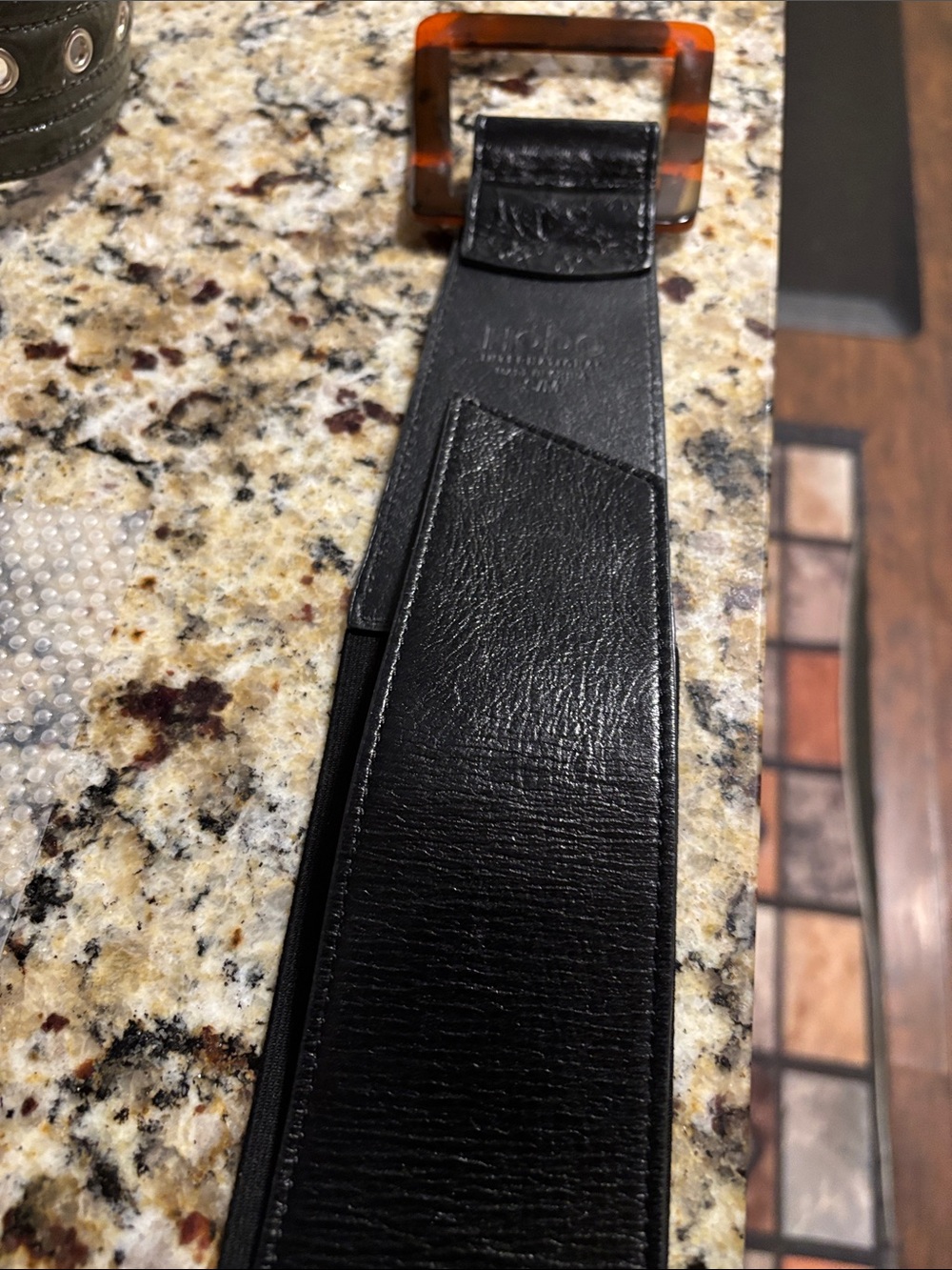 Black Leather Hobo Belt with Tortoiseshell Buckle - As-is